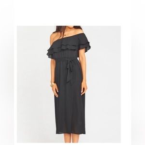 Show Me Your Mumu Black Rosie Ruffled Off-Shoulder Midi Dress Size Small NWT